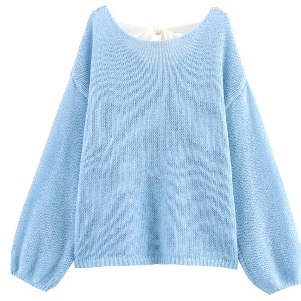 SKY BLUE ONE SIZE FITS ALL LOOSE KNIT SCOOP NECK LONG PUFF SLEEVE SWEATE…